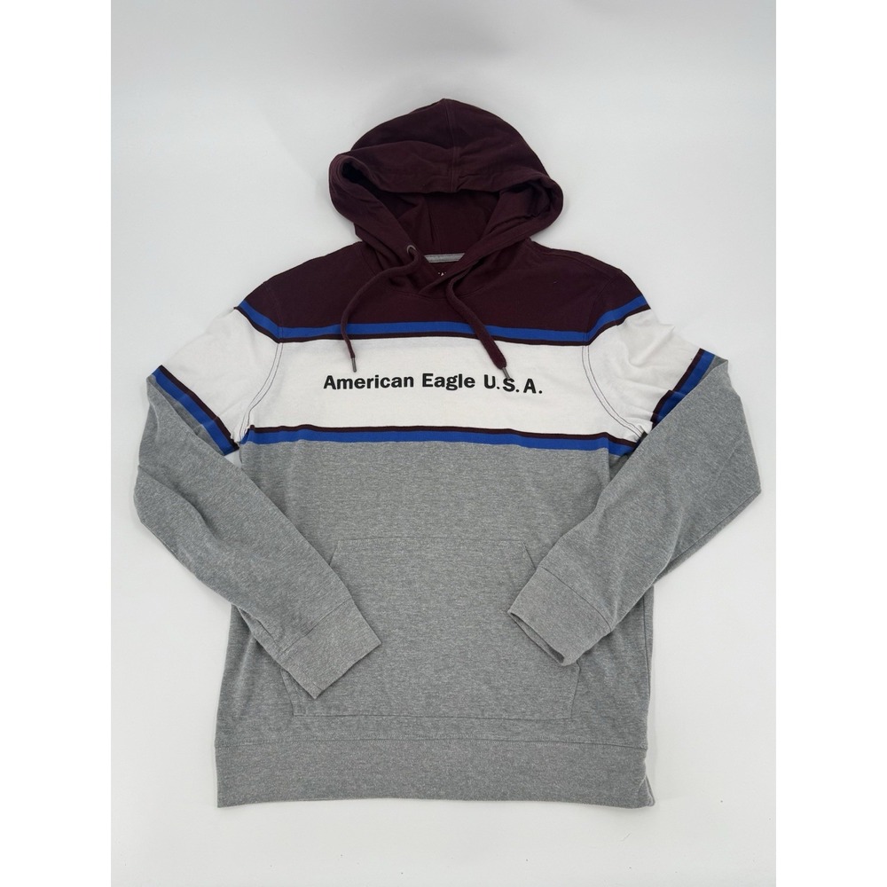 American Eagle Hoodie Mens Small Gray Colorblock Pullover Logo Sweatshirt S